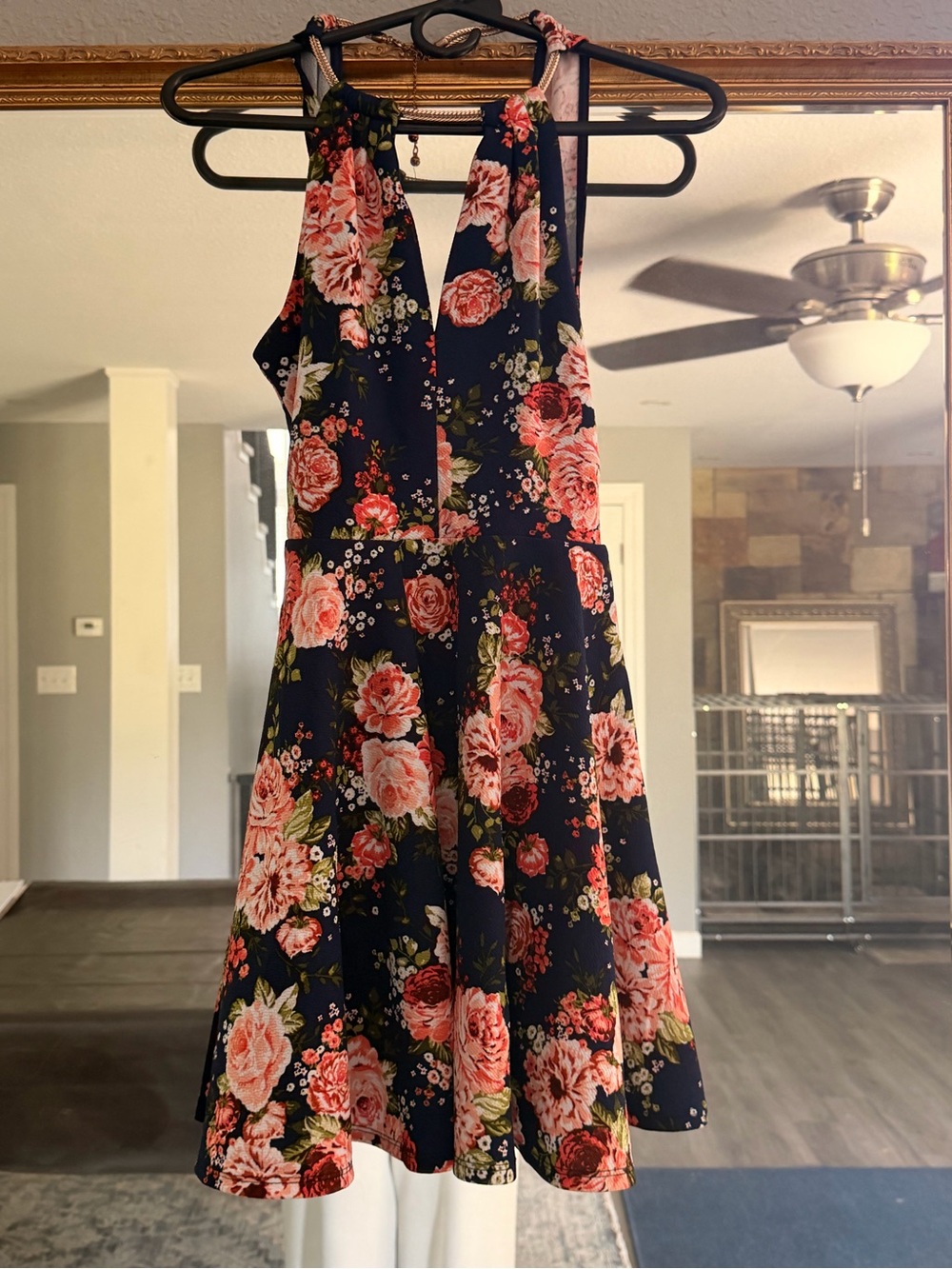 B Darlin Navy Floral Mini Dress with Pink Roses
